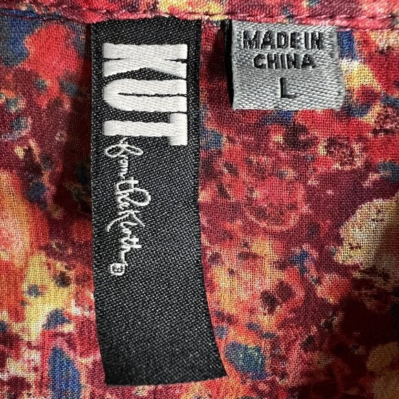 Kut From The Kloth Womens L Chiffon Sheer Floral Blouse Long Tab Sleeve Artsy - Picture 13 of 16